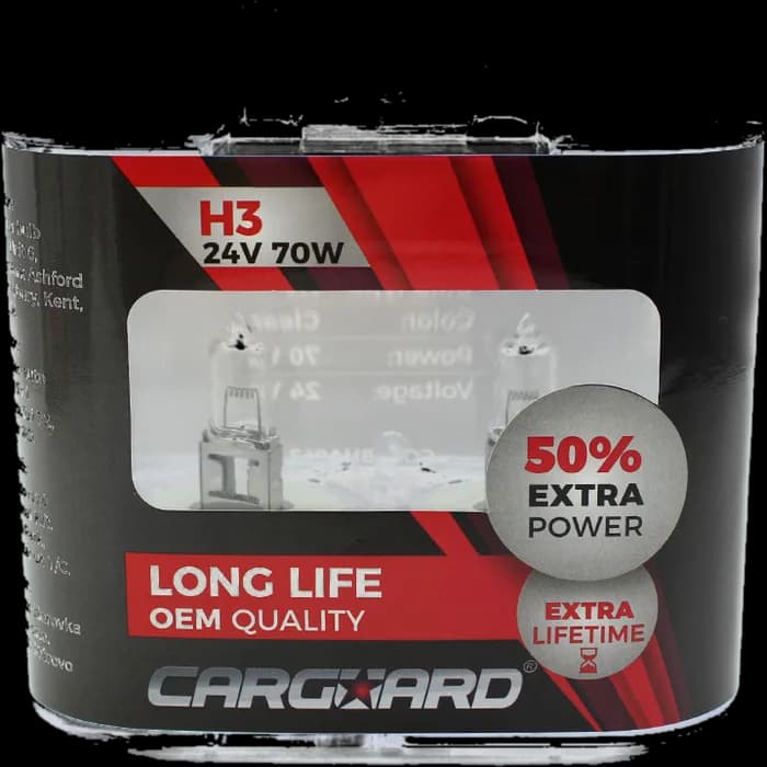 Set de 2 becuri Halogen 24V -  H3, 70W, +50% Intensitate - LONG LIFE - CARGUARD