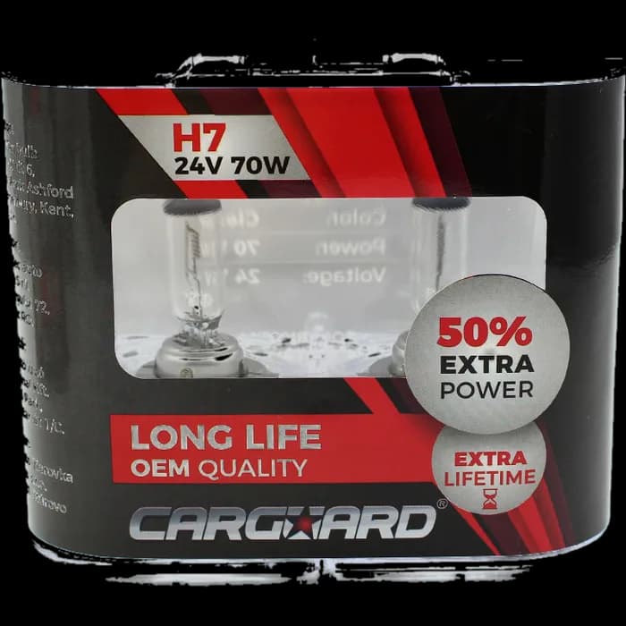 Set de 2 becuri Halogen 24V -  H7, 70W, +50% Intensitate - LONG LIFE - CARGUARD