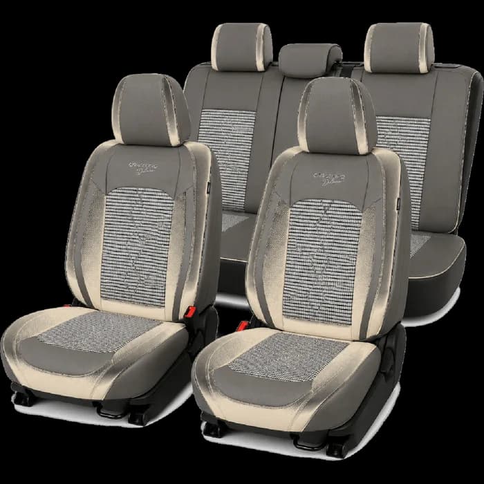 Huse auto premium 5 locuri Carguard Deluxe piele ecologică perforată și textil  - gri deschis - gri inchis