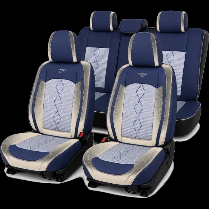 Huse auto premium 5 locuri Carguard Deluxe piele ecologică perforată și textil - albastru - alb