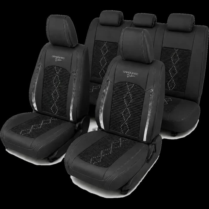 Huse auto premium 5 locuri Carguard Deluxe piele ecologică perforată și textil - negru - alb
