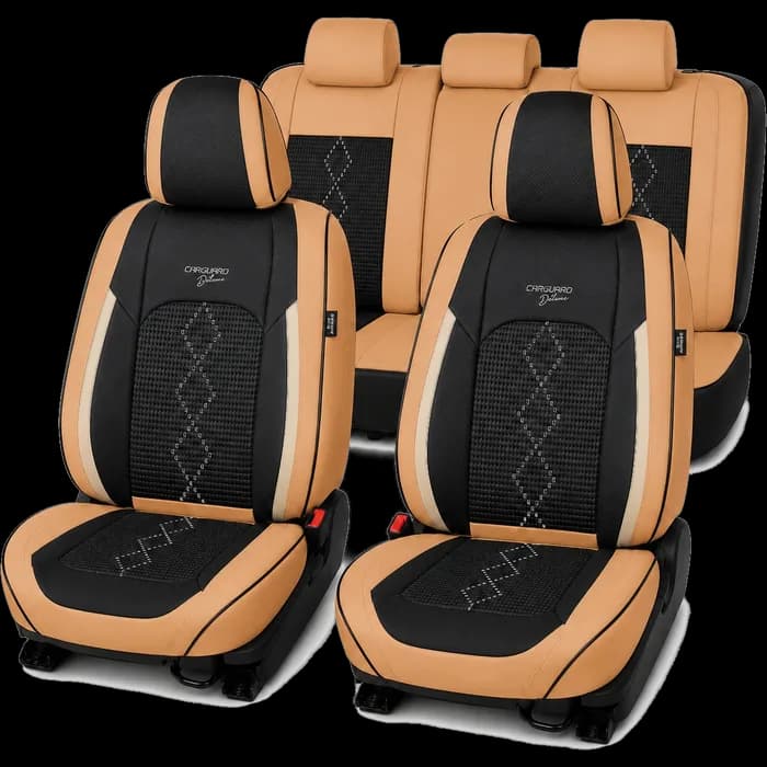 Huse auto premium 5 locuri Carguard Deluxe piele ecologică perforată și textil - maro caramel