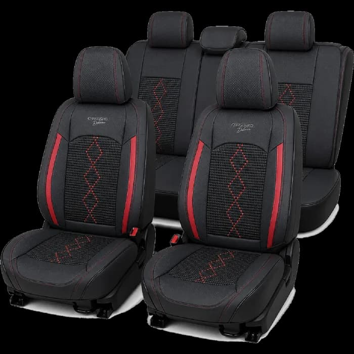 Huse auto premium 5 locuri Carguard Deluxe piele ecologică perforată și textil - negru - rosu închis