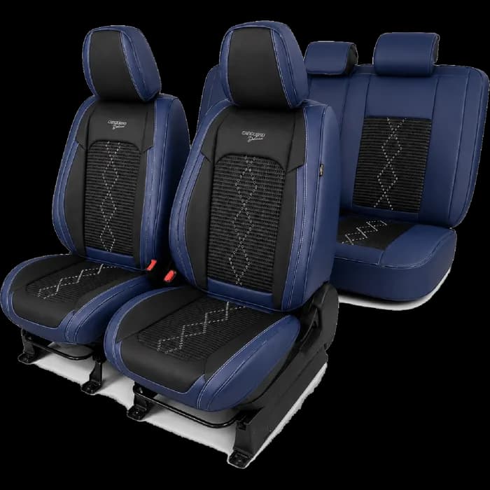 Huse auto premium 5 locuri Carguard Deluxe piele ecologică perforată și textil - negru - albastru închis