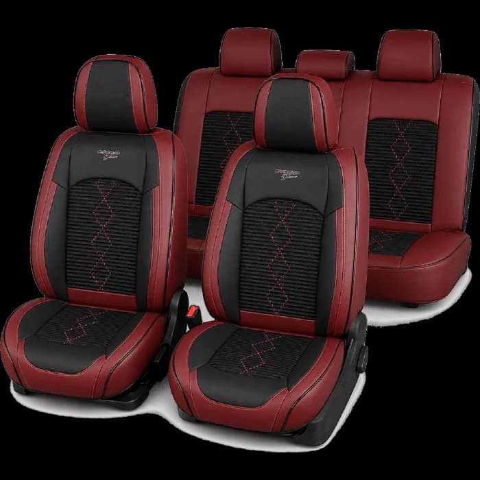 Huse auto premium 5 locuri Carguard Deluxe piele ecologică perforată și textil - roșu închis - negru