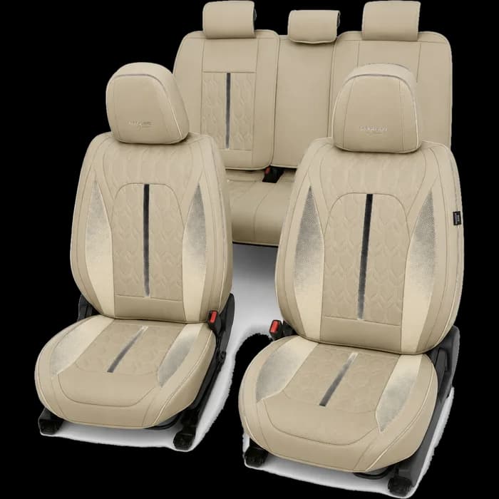 Huse auto premium 5 locuri Carguard Deluxe piele ecologică perforată - maro deschis - crem