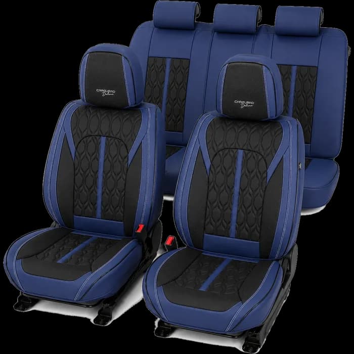 Huse auto premium 5 locuri Carguard Deluxe piele ecologică perforată - albastru inchis - negru