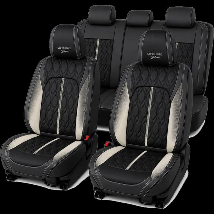 Huse auto premium 5 locuri Carguard Deluxe piele ecologică perforată - negru - alb