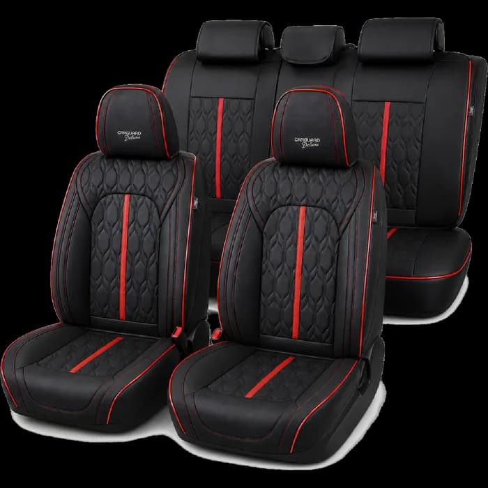 Huse auto premium 5 locuri Carguard Deluxe piele ecologică perforată - negru - rosu