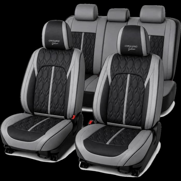 Huse auto premium 5 locuri Carguard Deluxe piele ecologică perforată - gri - negru