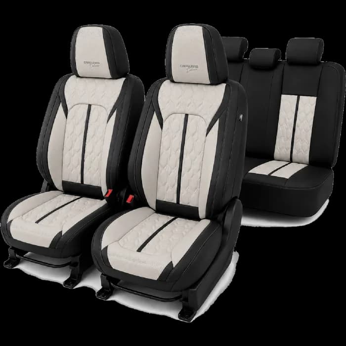 Huse auto premium 5 locuri Carguard Deluxe piele ecologică perforată - negru - crem